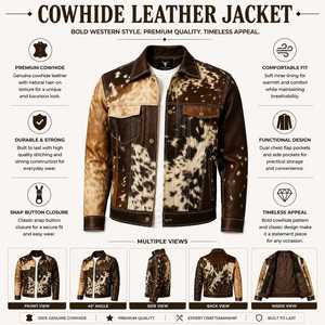 Veste de motard en cuir véritable pour homme, motif vachette, col rabattu, fermeture boutonnée, coupe classique, automne, décontractée - Product Image 6