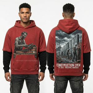 Sweat à capuche personnalisé rouge et noir à manches superposées pour homme, style streetwear, effet délavé, motif Zombie Construction Crew, en molleton de coton - Product Image 1