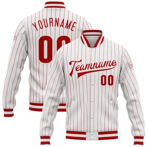 Custom Sublimation Uniform White Red Pinstripe <b>Bomber</b> <b>Varsity</b> Letterman <b>Jacket</b> Full Snap Button Casual Sports Outerwear - Product Image 1