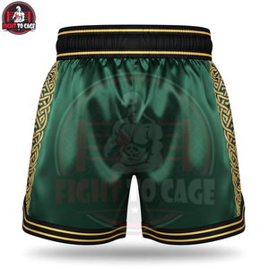 กางเกงชกมวยสีเขียวเมทัลลิกทอง คุณภาพพรีเมียม ผลิตจากโพลีเอสเตอร์ระบายอากาศได้ดี รับผลิตแบบ OEM/ODM พร้อมบริการสกรีนโลโก้ สำหรับมืออาชีพ - Product Image 2