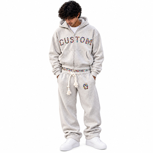 Ensemble de survêtement pour homme tendance avec pantalon large en molleton gris chiné respirant et de qualité, orné de strass et fermeture éclair intégrale - Product Image 1