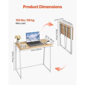 31.5\" Oak <b>Folding</b> <b>Desk</b> Easy Assembly Foldable Computer Table for Small Spaces Writing Workstation Space Saving Storage Hooks - Product Image 3