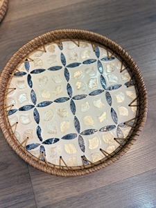 Spring Flower Round Handmade Rattan Mother Pearl Serving Tray Coffee <b>table</b> tray Decorative tray Tea tray Cocktail tray - Product Image 2