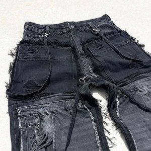 EXITO INTL <b>Men's</b> Black for Wash Distressed Denim Cargo Pants Multiple Pockets Frayed Edges High Waist <b>Drawstring</b> Closure - Product Image 5