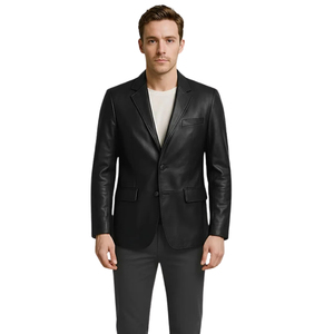 <b>Men's</b> Black Genuine <b>Leather</b> <b>Blazer</b> Single Breasted Slim Fit Smart Casual Jacket - Product Image 2