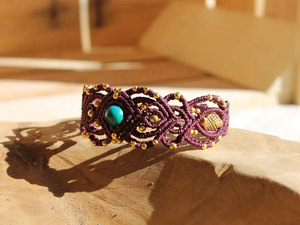 Handmade Macrame Turquoise <b>Bracelet</b> Natural Blue Stone Purple Cord Gold Beads <b>Adjustable</b> Boho Jewelry for Women - Product Image 2