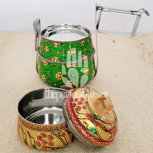 Luxury Stainless Steel Tiffin Box Hand Painted Design Heatable & <b>Portable</b> Dual Tier 2-Compartment - Product Image 3
