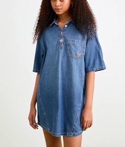 Robe Chemise en Jean pour Femme Sans Manches Col Carré Boutonnée Devant avec Poche Coupe Ajustée Longueur Midi Été Décontractée 100% Coton Simple Moulante - Product Image 1