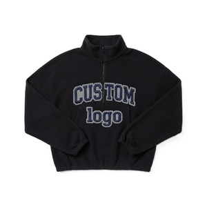 Women's <b>Black</b> Polar Fleece Half Zip Sweatshirt Custom Embroidered Logo Stand Collar Short Length Sweatshirt <b>Cropped</b> Cinch <b>Jumper</b> - Product Image 2