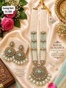 Parure de collier et boucles d'oreilles de mariée indienne haut de gamme, plaqué or antique, avec micro-incrustations Kundan, perles et motif floral long, style Polki - Product Image 5