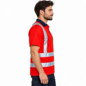 Men's Short Sleeve Hi <b>Vis</b> Reflective <b>Polo</b> <b>Shirt</b> Red Navy Collar <b>High</b> Visibility Workwear <b>Polo</b> <b>Shirt</b> - Product Image 4