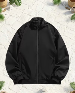 Men's Black Bomber Jacket Solid Color Zipper Closure Stand Collar Casual Windproof Polyester Autumn Wear - Product Image 3