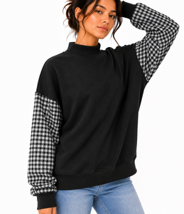 Sudadera Oversize de Cuello Alto para Mujer, Personalizada por el Fabricante, con Bordado de Letras en Gingham y Mangas con Patchwork, Estilo Casual - Product Image 1
