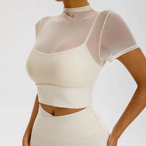 Top corto de verano personalizado al por mayor para mujer, cuello redondo, ajuste ceñido, parte inferior redonda, con mangas de malla a media manga - Product Image 2