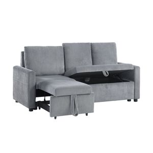 Divano Letto Oswin 70"W in Velluto a Coste Grigio con Chaise Longue Estraibile e Tasca Laterale Sottosedile - Product Image 2