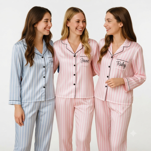 Ensemble de pyjama rayé 100% coton, manches longues, boutons sur le devant, col rabattu, doux, classique, longueur complète, design brodé avec lettres - Product Image 1