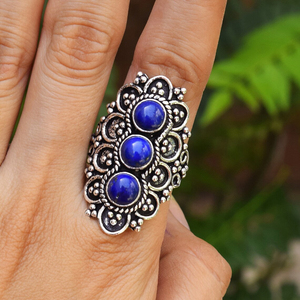 แหวนพลอยลาพิส ลาซูลีธรรมชาติ แหวนเงินแท้ 925 ทำมือ สำหรับเด็กหญิงและสตรี - Product Image 1
