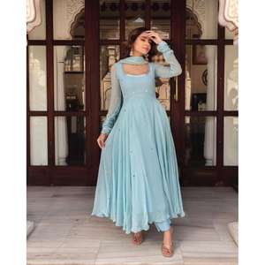 Vestido de Diseñador en Georgette con Trabajo a Mano, Listo para Usar, con Dupatta Color Cielo - Product Image 1