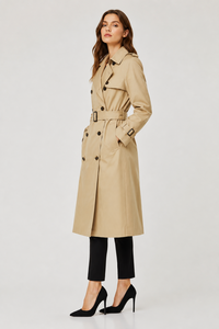 Elegant Women's Beige <b>Trench</b> Coat Long Full Sleeve Notched Collar Belted <b>Waterproof</b> Woven Polyester Cotton Autumn Style - Product Image 2