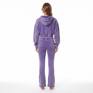 Manufacturer Women's Acid Wash Fleece Hoodie And <b>Wide</b> <b>Leg</b> <b>Jogger</b> Set Full Zip Crop Top Long Sleeve Casual Wear Two Piece - Product Image 4