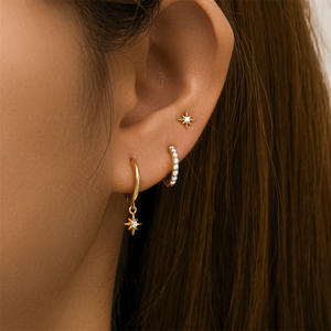 Juego de pendientes asimétricos con forma de estrella, aro CZ, colgantes, oro, plata, S925 - Product Image 2