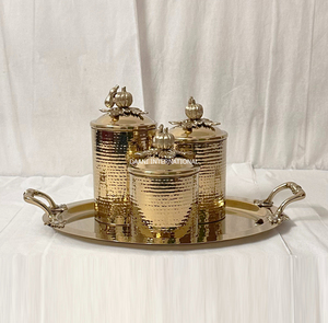 Bocaux de rangement cylindriques empilables en acier inoxydable, finition PVD or effet martelé, fait main, avec plateau pour table à manger - Product Image 1