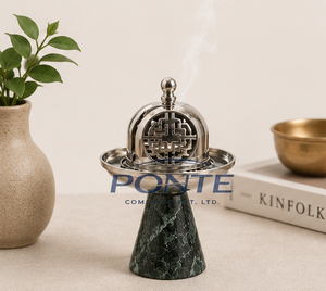 Mubkhar moderne en métal avec base en marbre vert, design arabesque élégant, brûleur d'encens Bakhoor pour la fragrance d'intérieur, diffuseur d'Oud. - Product Image 2
