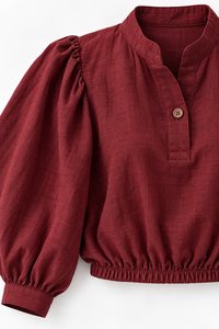Chemisier en coton et lin pour femme, manches bouffantes, col boutonné, taille élastique, chemise décontractée ample tissée, vente en gros, personnalisation OEM - Product Image 6
