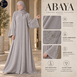Vestido Abaya Texturizado con Pliegues para Mujer, con Puños Bordados Florales, Tela Fluida, Túnica Islámica Modesta |   Atuendo Musulmán Refinado - Product Image 5