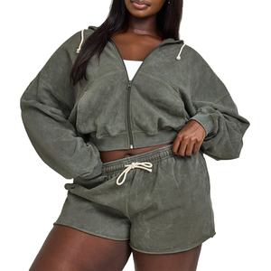 Acid Wash Sun Faded Distressed Vintage Winter Breathable Sweat <b>Shorts</b> Custom Full <b>Zip</b> Hoodie Print <b>Shorts</b> Set for Women 2026 - Product Image 1