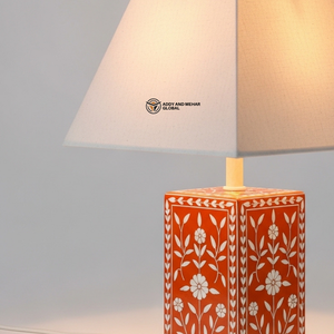 Orange Bone Inlay <b>Bedside</b> Lamp | Elegant Round Base <b>Table</b> Lamp with Neutral Shade - Product Image 2