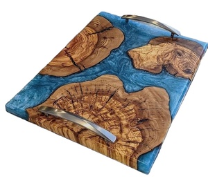 Bandeja de servicio de desayuno de comida de serpiente moderna personalizada, venta al por mayor de lujo, madera de acacia y resina azul con mango de Metal para bandeja de cocina - Product Image 2