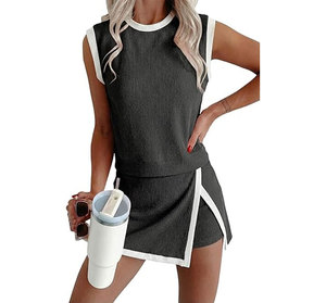 Wholesale 2 Piece Sets for Women Summer Outfits Ribbed Knit Tank Top and <b>Split</b> Lined <b>Skirt</b> Two Pieces Lounge Matching Set - Product Image 3