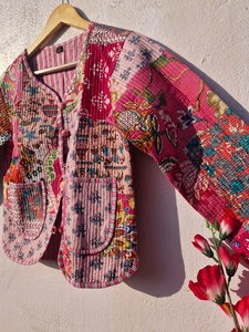 Indian Cotton Hand Block Print Bomber <b>Jackets</b> Patch Work Women Winter <b>Quilted</b> Hooded Reversible Animal Print <b>Jackets</b> - Product Image 2
