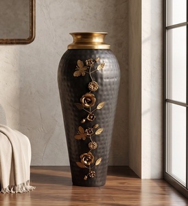 Luxury matte black floor <b>vase</b> Medium with hammered gold rim and intricate floral vine detailing. Premium home decor centerpiece - Product Image 1