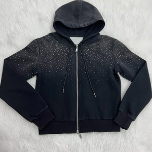 Ensemble de survêtement noir pour femme avec strass, à capuche, fermeture éclair, manches longues, coupe ample, décontracté, motif à pois, en polyester, pour l'automne - Product Image 2
