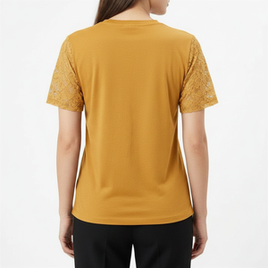 Camiseta de Cuello Redondo Color Amarillo Mostaza de Alta Calidad para Mujer, con Manga de Encaje, Top de Punto Informal de Manga Corta para Primavera/Verano - Product Image 2