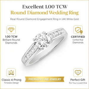 Excelente Anillo de Bodas con Diamante Redondo Real de 1.00 TCW en Oro Blanco de 14K |   Anillo de Compromiso Clásico con Diamantes para Mujer, Joyería Fina - Product Image 5