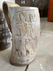 NORSE Handmade Buffalo Horn <b>Mug</b> Natural Shape Deep Carved 3D CHRISTMAS GIFT GROOMS MAN VIKING ODIN Art Collectible Viking Theme - Product Image 1
