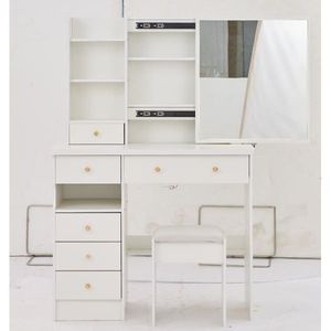 37\" Extra Large Left Drawer Desktop Vanity Table <b>Cushioned</b> <b>Stool</b> Right Sliding Mirror Multi-Layer High Capacity Makeup Vanities - Product Image 3