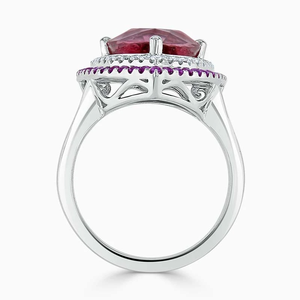 18K White Gold Trillion Cut Pink Tourmaline <b>Ring</b> with Purple Sapphire & Diamond Halo | Luxury <b>Statement</b> <b>Ring</b> - Product Image 4