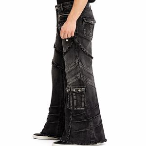 Vaqueros anchos de mezclilla para hombre, negros, estilo gótico, hip hop, cargo, de tiro medio, transpirables, con lavado desgastado, de pierna ancha, streetwear, con múltiples correas, ajuste holgado - Product Image 4