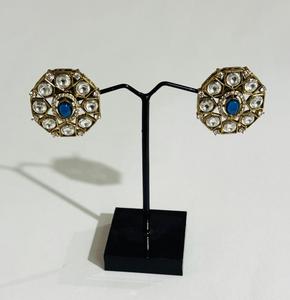 Luxury Blue Polki Round Stud Earrings Gold Plated Traditional <b>Indian</b> Bridal Wedding Party Fashion Jewelry for Women - Product Image 5