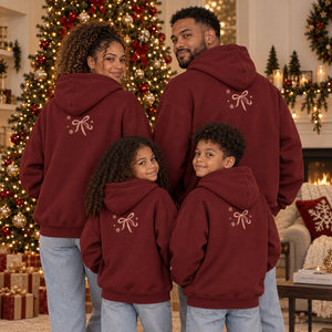 Family Matching Christmas Embroidered Eco-Friendly <b>Burgundy</b> Bow Ribbon Snowflake Print Pullover Sweatshirt Winter Cotton Fleece - Product Image 3