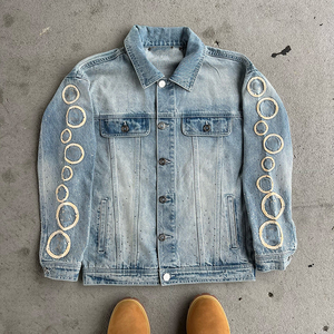 Custom Acid Wash Denim Suit Clothing Embroidery <b>Rhinestone</b> Jeans Pants and Denim <b>Jacket</b> Set Tracksuit for Men - Product Image 3