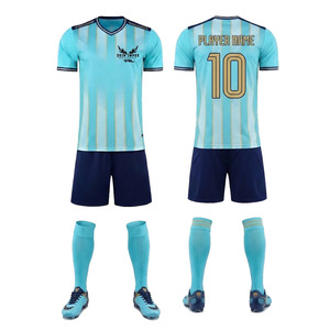 Custom Sublimation Soccer Uniform Set <b>Light</b> Blue Navy Striped V-<b>Neck</b> Short Sleeve Men Team Kit All Seasons Breathable Polyester - Product Image 1