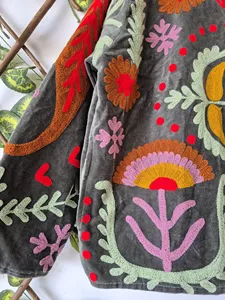 Ethnic Dark Gray <b>Velvet</b> Suzani Embroidered <b>Jacket</b> with Floral Pattern Full Sleeve Stand Collar <b>Women's</b> Soft Autumn Coat - Product Image 6