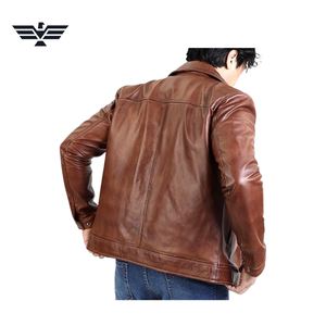 Chaqueta de Motociclista para Hombre, de Cuero Genuino Marrón, Impermeable, con Cuello Alto, Cierre de Cremallera, Corte Regular, Color Sólido, para Otoño - Product Image 4