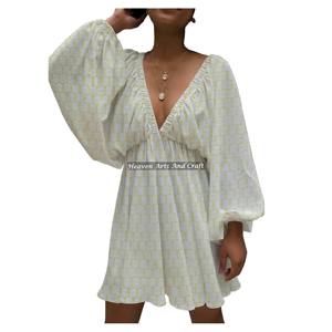 Vestidos de Algodón con Estampado Artesanal, Cuello en V Profundo, Estilo Linterna, Sin Tirantes, Elegantes, Vintage, con Abertura Alta - Product Image 3