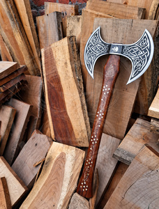 Hacha Vikinga de Acero Inoxidable de Grado Industrial, Cabeza de Hacha de Doble Hoja, Mango de Madera Grabado en Latón, Hacha con Barba para Acampar y Cazar - Product Image 4